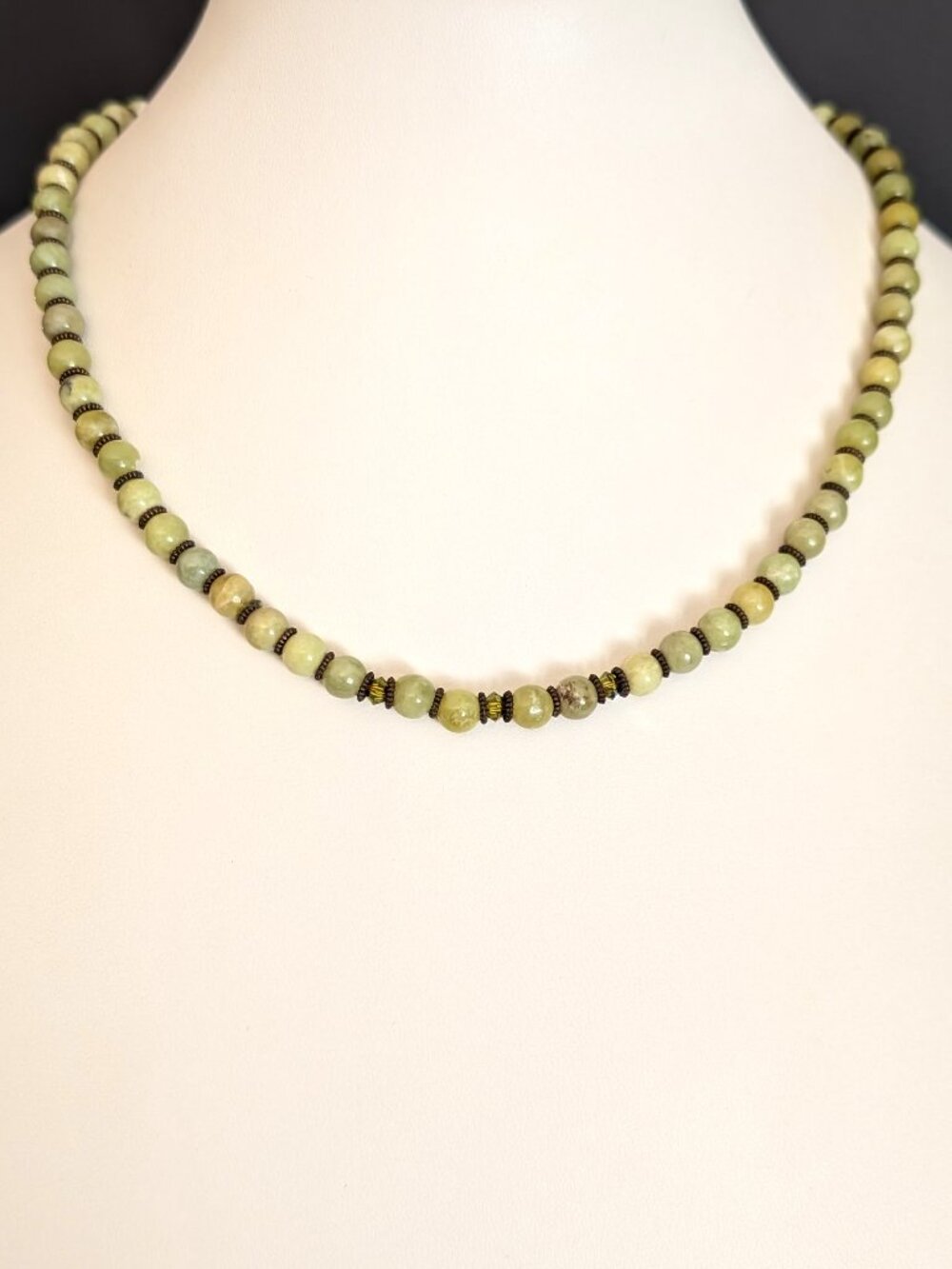 Small round shades of green glass/stone beaded necklace with accent crystals